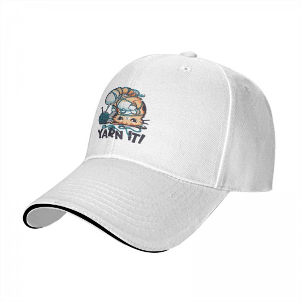 Black baseball cap with tangled orange cat and yarn it graphic