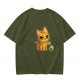 Olive T-shirt with mischievous orange cat knocking over green cup print