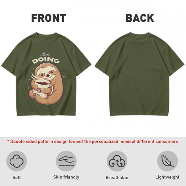 Olive green sloth t-shirt with 'Busy Doing' coffee graphic