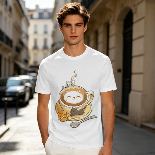 Olive Green T-Shirt With Cute Cat Latte Art And Kittens Print