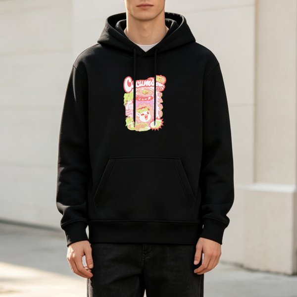 Black Graphic Hoodie with Cute Food Themed Print