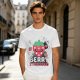 Olive graphic t-shirt with crying strawberry and 'berry stressed' text