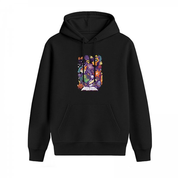 Black hoodie with whimsical magical creature and book graphic