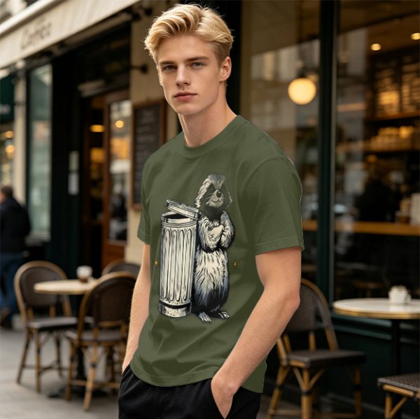 Olive Green T-Shirt With Raccoon Standing Next To Trash Can Graphic