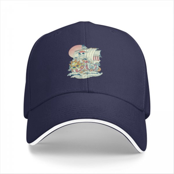 Black Baseball Cap with Anime Pirate Ship Graphic Print