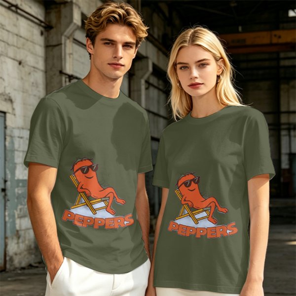 Olive T-shirt with Relaxed Cartoon Chili Pepper Wearing Sunglasses and Peppers Text