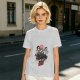 Olive graphic t-shirt with chainsaw man chasing scared person and 'Small Talk Does!' text