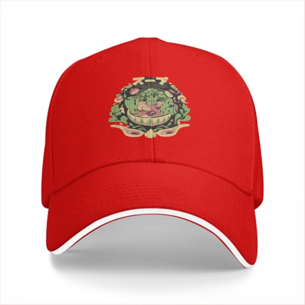 Black baseball cap with vegetable soup themed graphic print