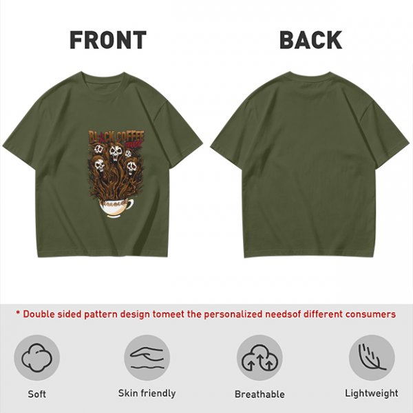 Black Coffee Skull Ghosts Graphic Olive Green T-Shirt