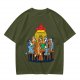 Olive green t-shirt with cartoon dogs playing poker under a hanging lamp