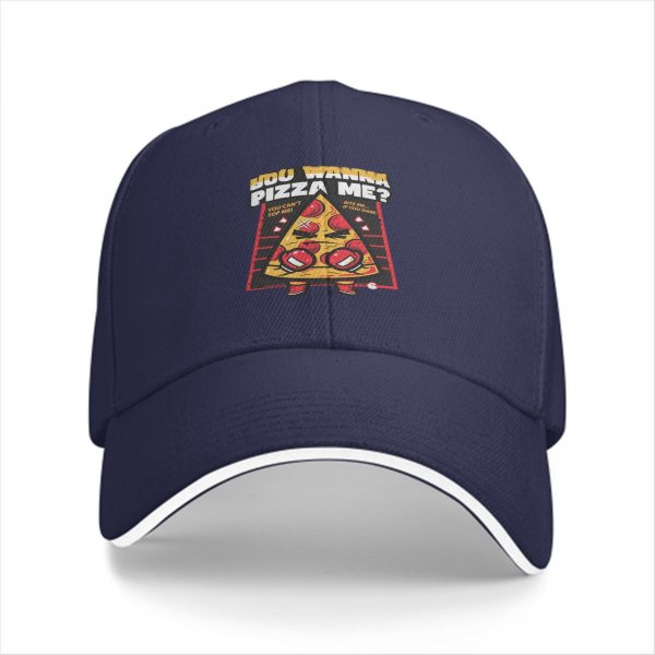 Black baseball cap with funny pizza boxer graphic and 'You Wanna Pizza Me?' text