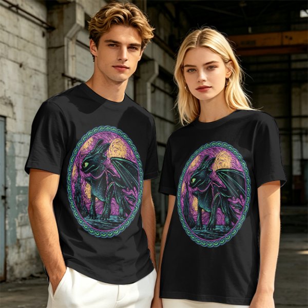 Olive T-Shirt Featuring Stylized Night Dragon In Swirling Oval Art
