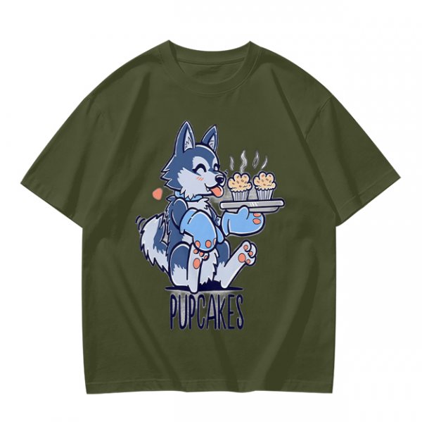 Olive green t-shirt with a husky holding pupcakes graphic
