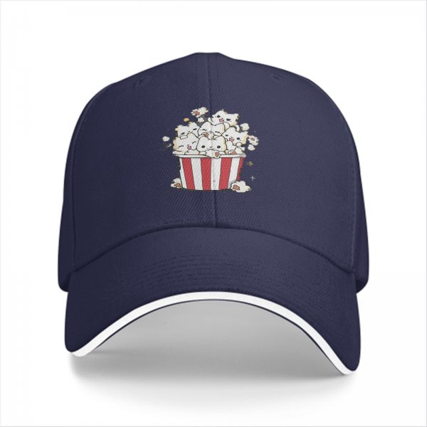 Black baseball cap with cute cat popcorn bucket graphic