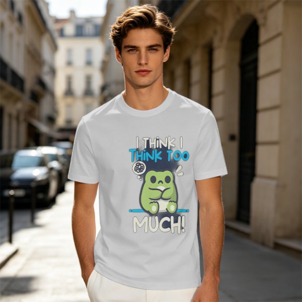 Olive t-shirt with 'I think I think too much' anxious frog print