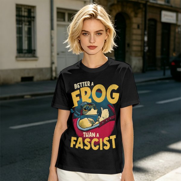 Olive graphic t-shirt with 'Better a Frog Than a Fascist' pilot frog design