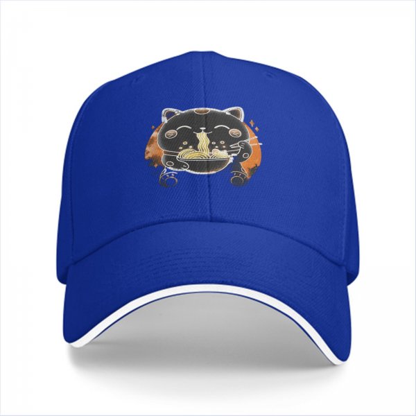 Black Baseball Cap With Cute Maneki-neko Cat Eating Ramen Design