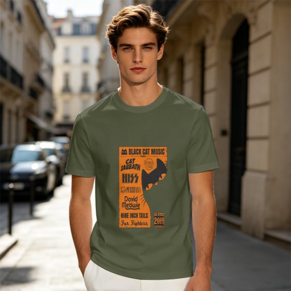 Olive T-Shirt with Cat-Themed Rock Band Concert Poster Print