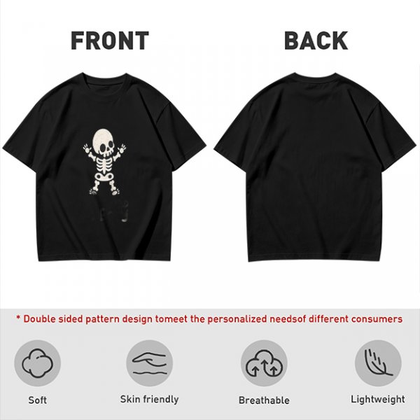 Olive green t-shirt with cute cartoon skeleton graphic