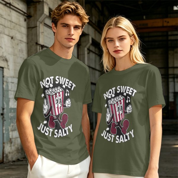 Olive T-Shirt with 'Not Sweet Just Salty' Cartoon Popcorn Print