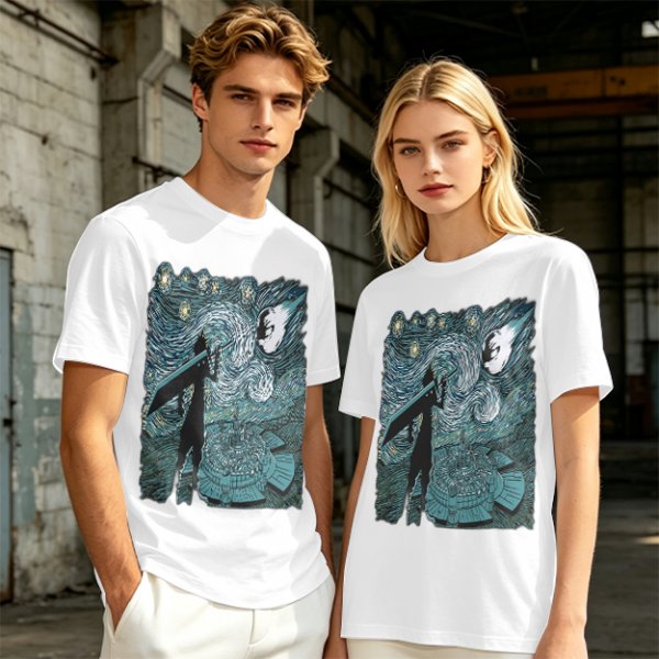 Olive T-shirt with Starry Night Style Fantasy Warrior Print
