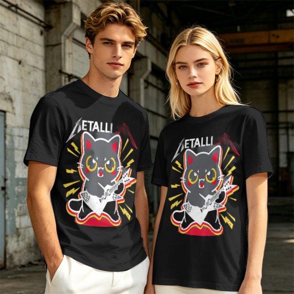 Olive green graphic t-shirt with a cartoon metal cat playing guitar