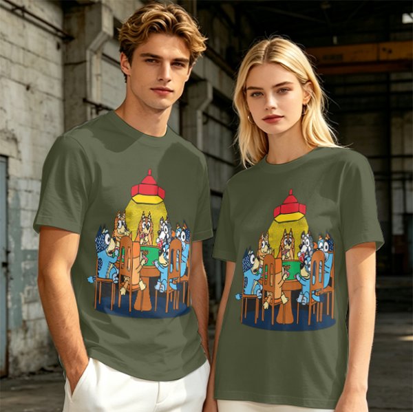 Olive green t-shirt with cartoon dogs playing poker under a hanging lamp