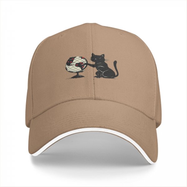 Black Baseball Cap With Cat Reaching For Globe Print