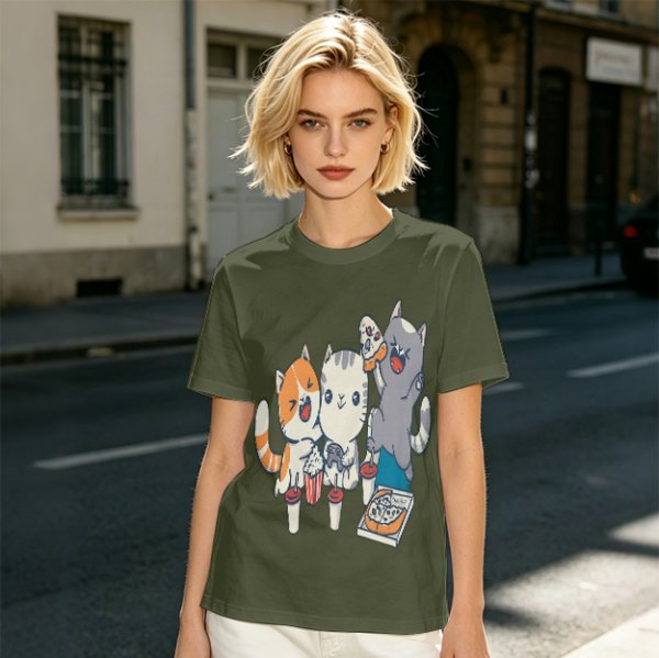 Olive T-Shirt With Cute Cats Enjoying Pizza And Snacks Print
