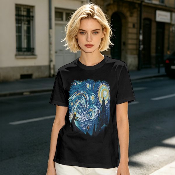 Olive T-Shirt with Starry Night Art Print