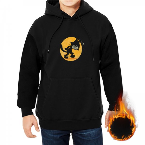 Black Hoodie With Silhouette Cat Against Yellow Moon Graphic