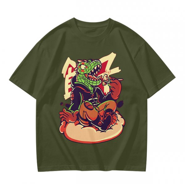 Olive T-Shirt with Cartoon Crocodile Eating Snack Graphic