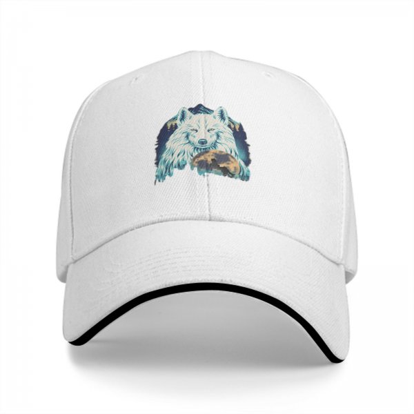 Black Baseball Cap With White Wolf And Moon Graphic Design