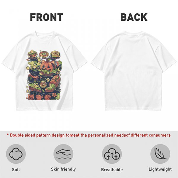 Olive T-Shirt With Halloween Themed Food And Pumpkin Cat Print