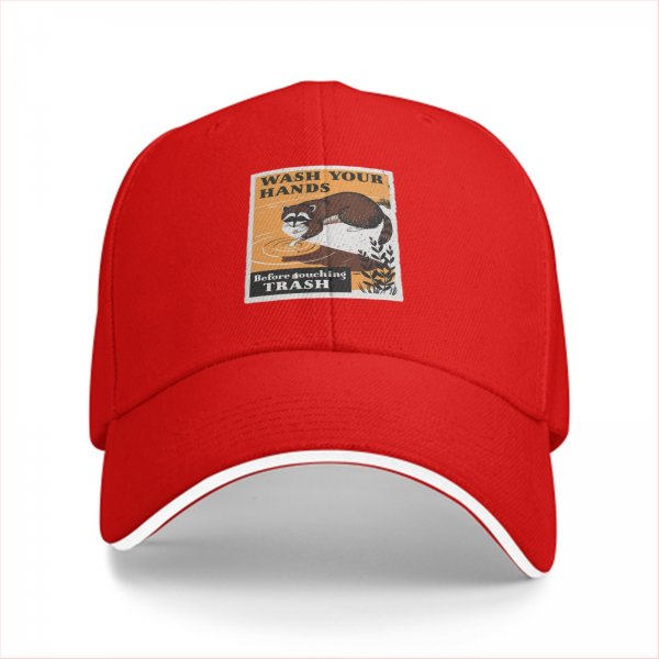 Black baseball cap with raccoon 'Wash Your Hands Before Touching Trash' print