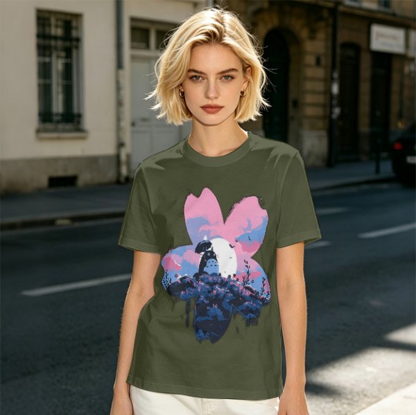Olive T-Shirt with Sakura Flower and Whimsical Forest Creature Print