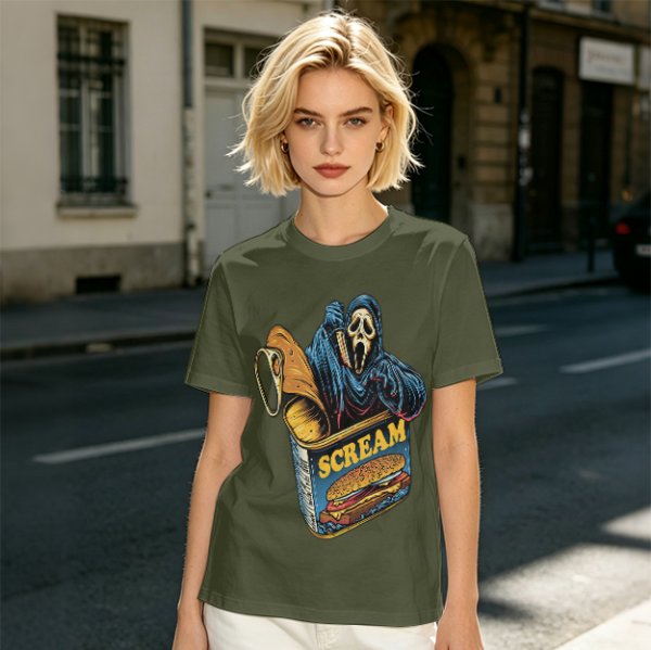 Olive T-Shirt With Ghostface In Scream Can Burger Artwork
