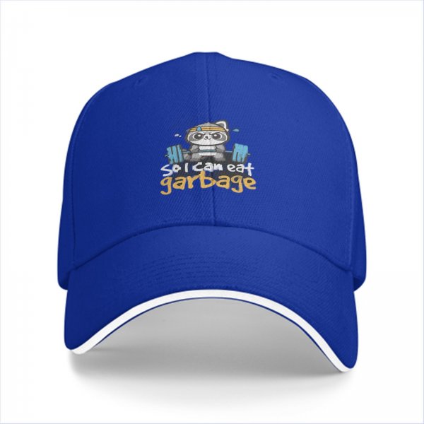 Black baseball cap with raccoon lifting weights and 'so i can eat garbage' text