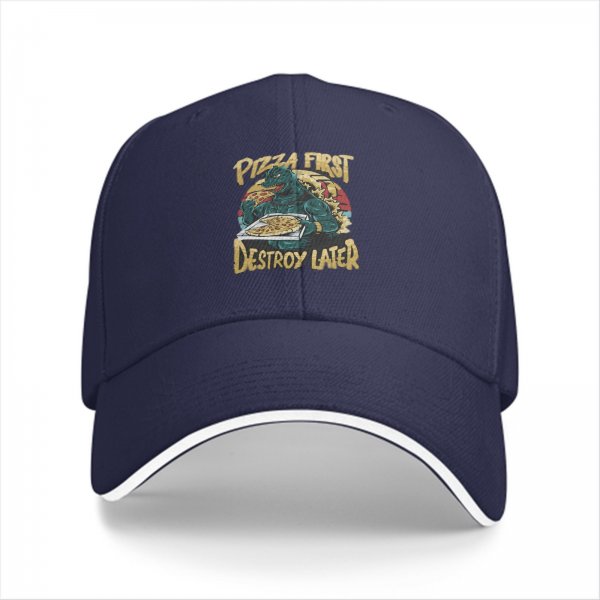 Black baseball cap with pizza first destroy later godzilla graphic