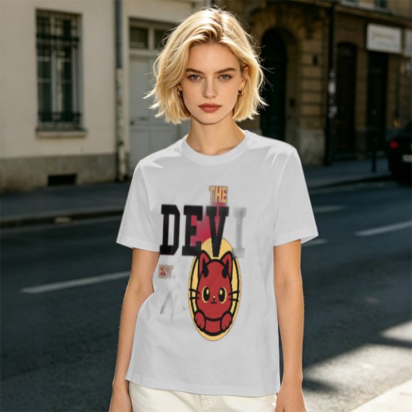 Olive T-Shirt with Red Devil Cat Graphic and The Dev Print