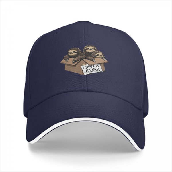 Black baseball cap with three sloths in a box that says adopt a sloth