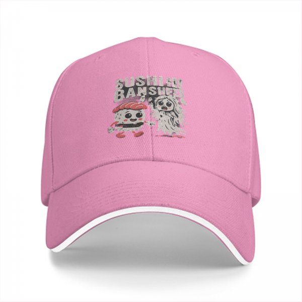 Black baseball cap with sushi and banshees graphic design
