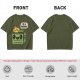 Olive green t-shirt with a cartoon dumpster on fire saying I'm a phoenix