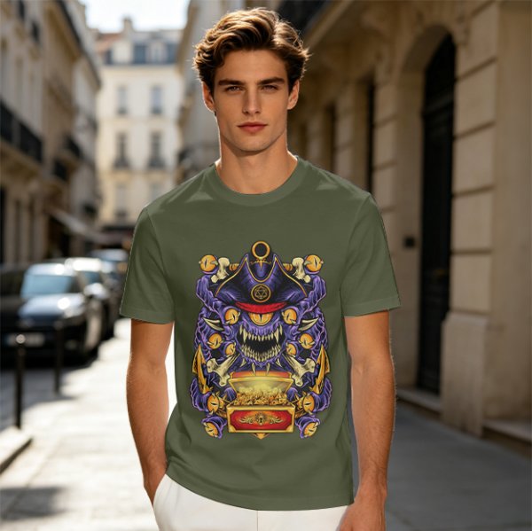 Olive T-Shirt With Pirate Beholder Monster And Treasure Chest Art