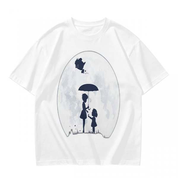 Olive T-Shirt With Moon Silhouette Of Two Children And Umbrella