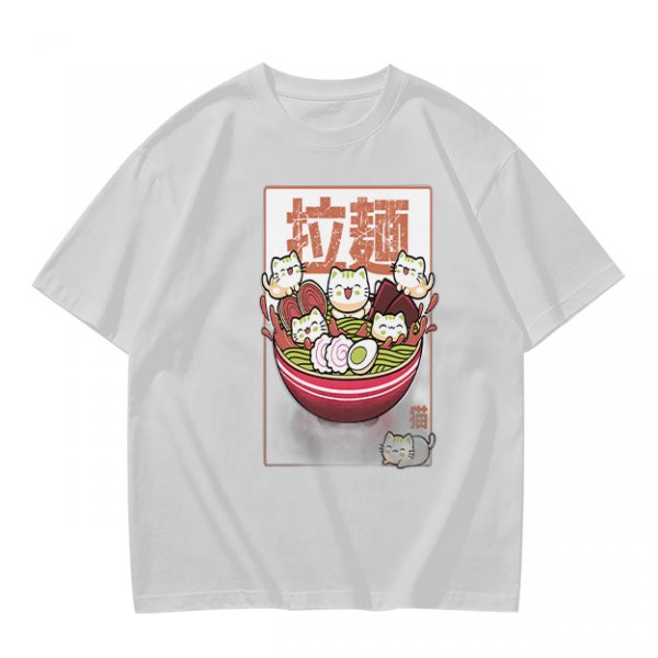 Olive T-Shirt With Cute Ramen Cat Bowl Graphic Print