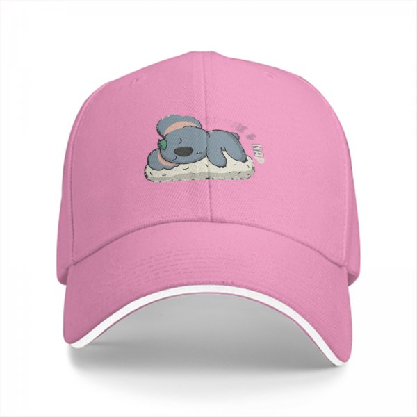 Black baseball cap with sleeping koala and 'nap' graphic