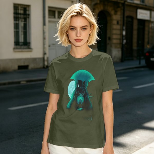 Olive T-Shirt With Glowing Teal Mushroom Creature And Moon Print