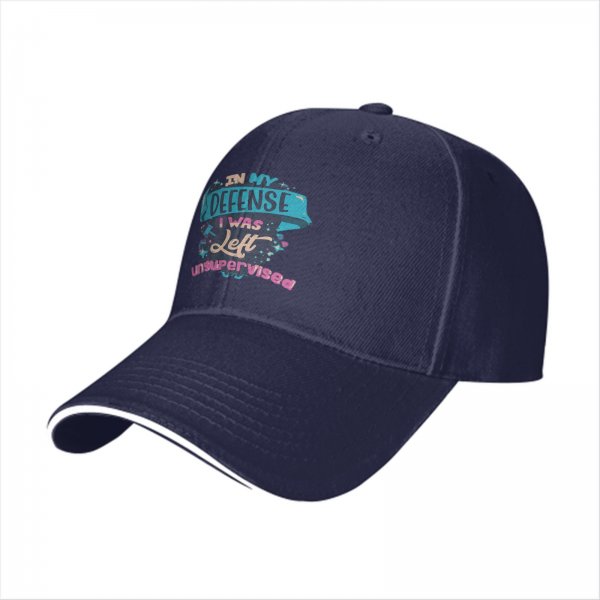 Black baseball cap with 'In My Defense I Was Left Unsupervised' print