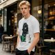 Olive T-shirt with cartoon dinosaur in Darth Vader helmet and chicken print